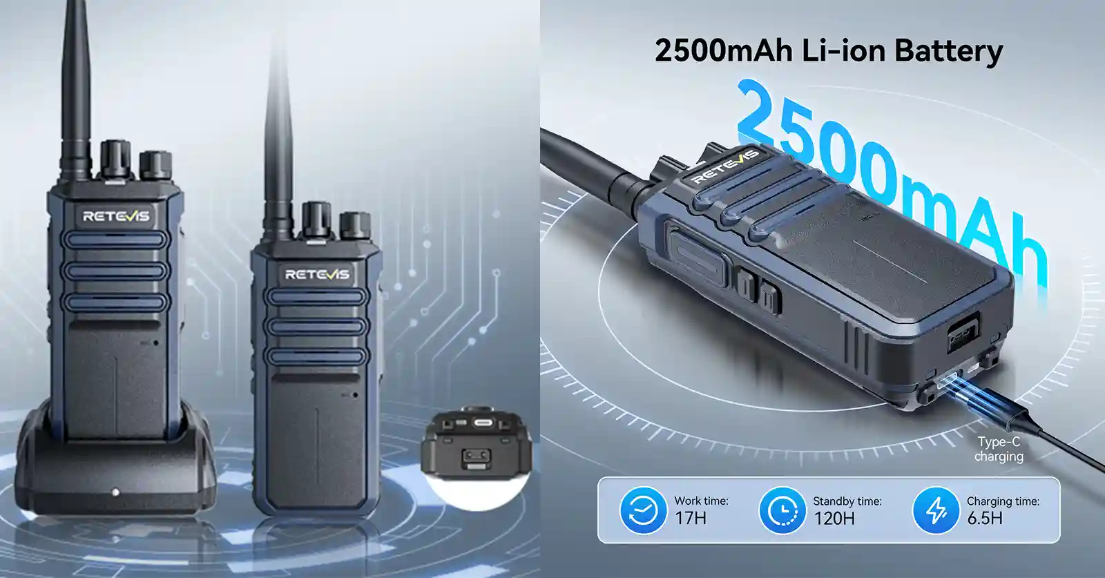 retevis large battery rechargable two way radio